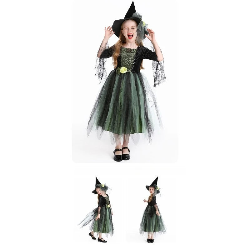 Halloween Costume Witch Kids Green Mesh Dress Hat Suits Theme Outfits for Girls - View 6