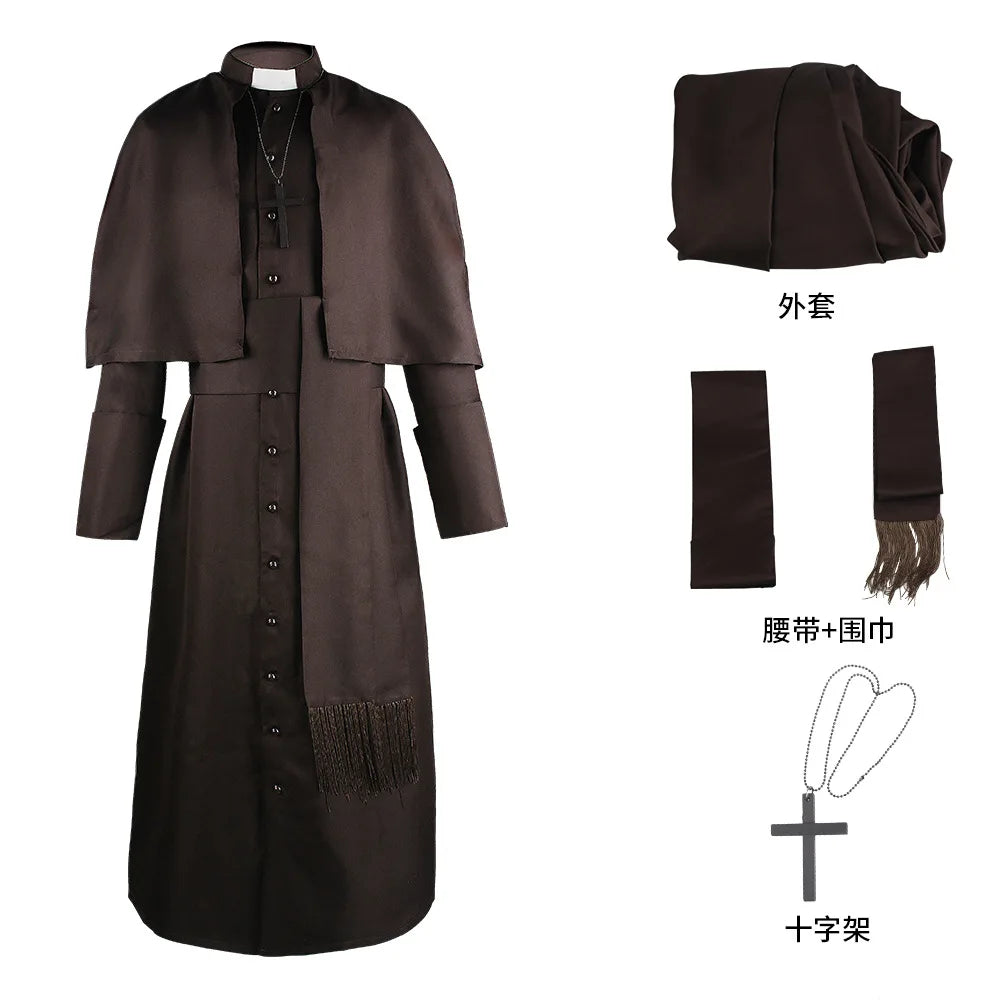Medieval Solid Colour Godfather Priest Costume Halloween Priest Costume - black / M
