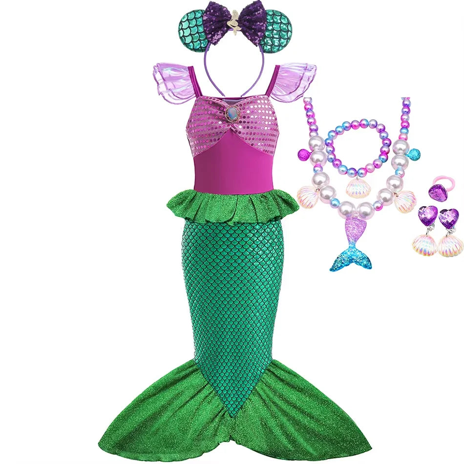 Ariel Little Mermaid Short Sleeve Tulle Dress for Girls Cosplay Princess Costume Carnival Birthday Party Outfit 2-8Y Vestido
