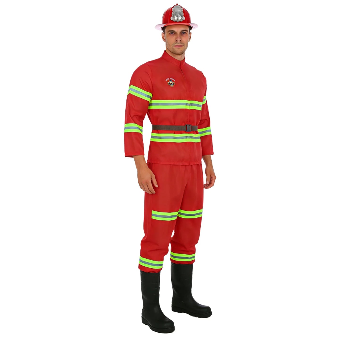 Men's Firefighter Firefighting Heroes Halloween Costume Plastic Helmet Sleeve Fireman - Red / 160
