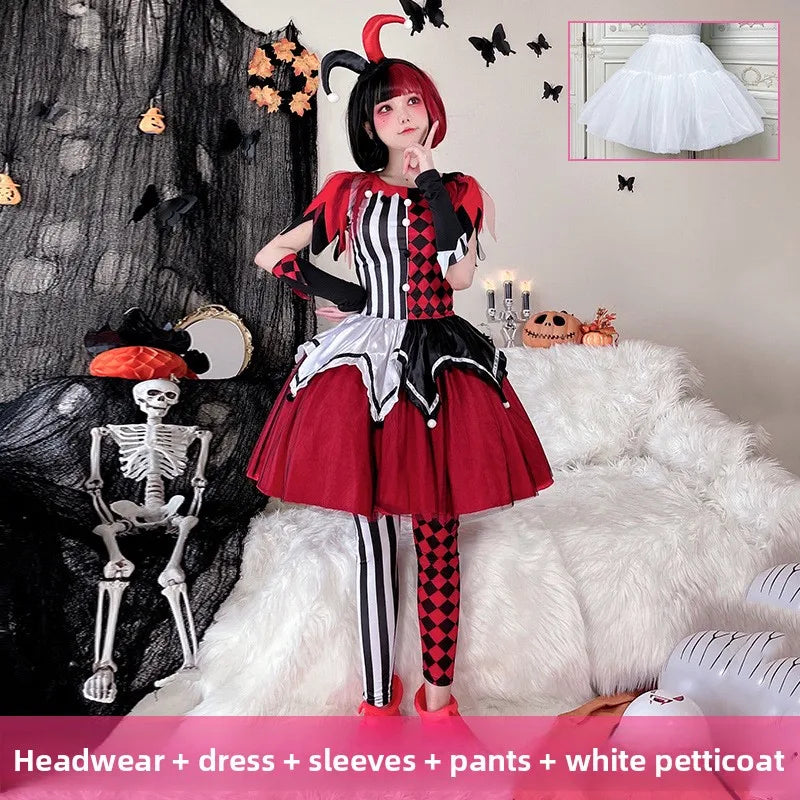 Halloween Clown Lolita Suit Women's Clown Costume Patchwork Striped Dress with Headgear - Suit 02 / L