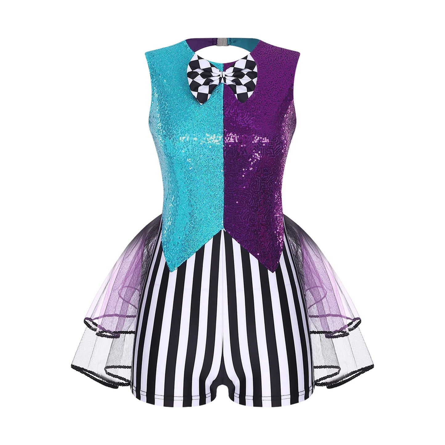 Women's Mad Circus Clown Costume Jumpsuit Sequin and Striped Checker Bowtie Tiered Tulle - Red / S