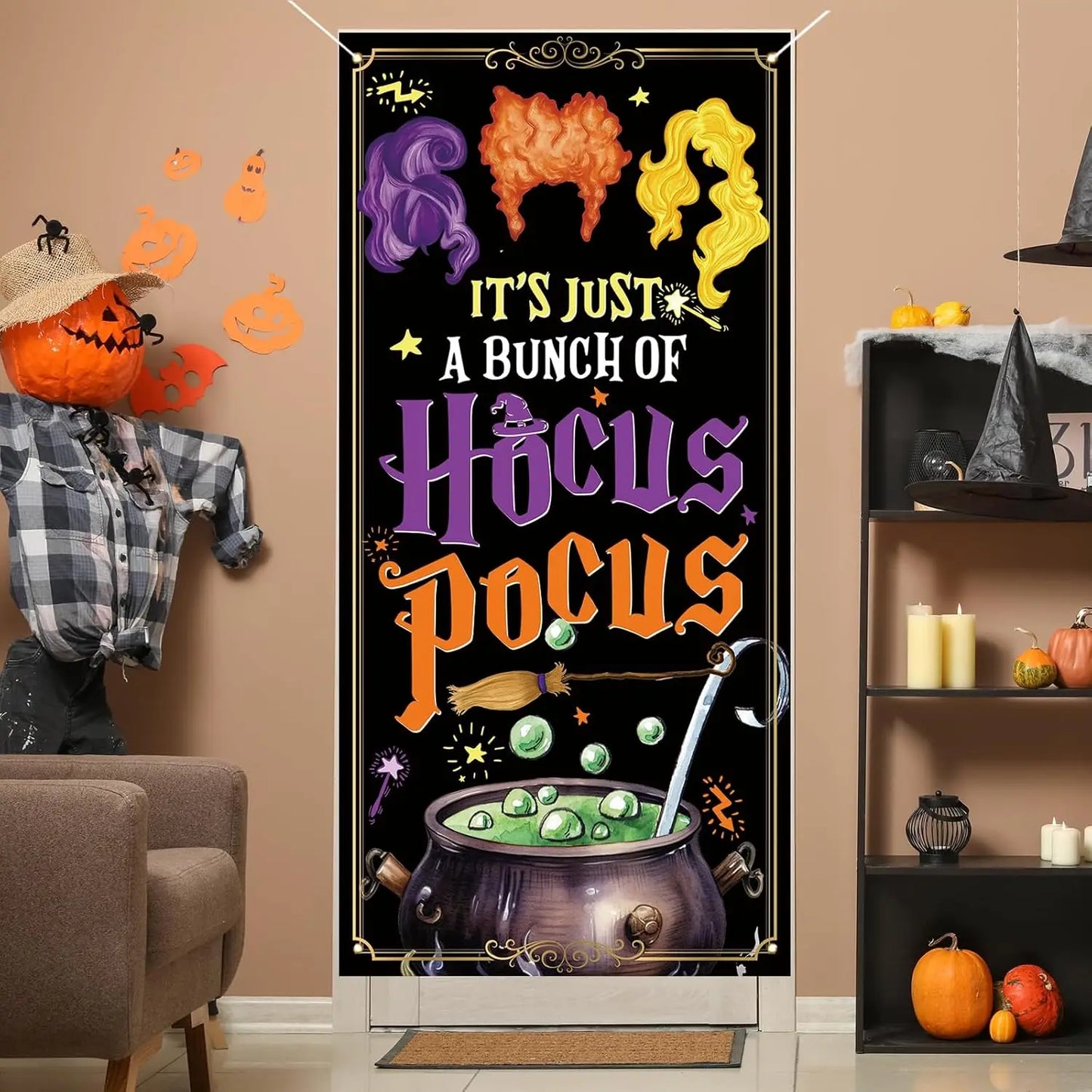 Halloween Door Cover, Hocus Pocus Sanderson Sisters Front Porch Door Sign Banner, Halloween Decorations and Supplies for Home