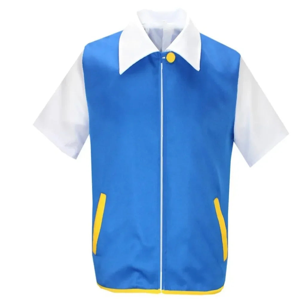 Adult Ash Ketchum Costume for Halloween Men Anime Trainer Costume Women Blue Jacket Cap - top hat gloves / 130