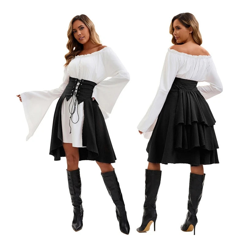 Medieval Skirt Blouse Women Victorian Gothic Steampunk Punk Corset Bustle Skirts Pirate Tops Dress Halloween Cosplay Costume
