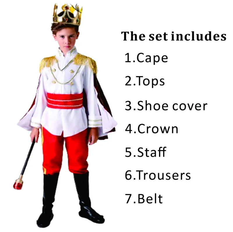 7 Pieces King Costume Medieval Royal Red Prince Full Set Outfits Halloween Up Costume - 003 / 110