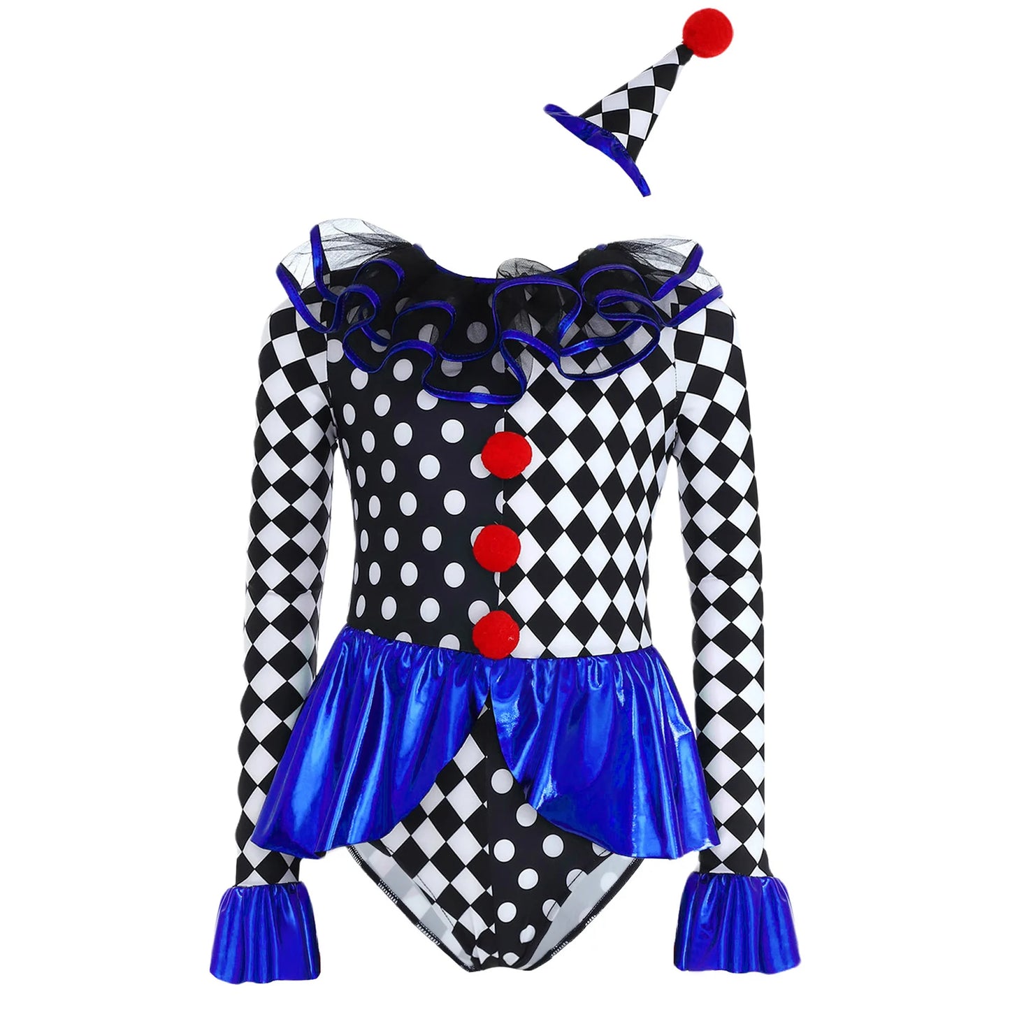 Kids Girls Halloween Circus Clown Costume Theme Performance Sleeve Checkerboard Print - Royal Blue / 10