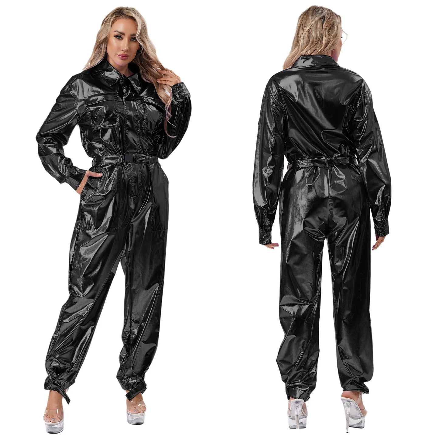 Women's Halloween Disco Astronaut Costume Holographic Shiny Metallic Overalls Bodysuit - Blue / L