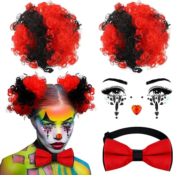 Women Halloween Clown Accessories Rainbow Wig Hair Clip on Puff Buns Clown Bowtie - View 7