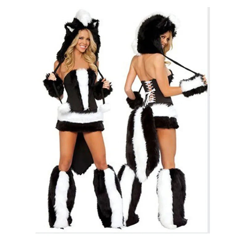 Halloween Masquerade Sexy Fur Panda Sleeveless Disfraces High Quality Women Sexy Cosplay Animal Black Costumes