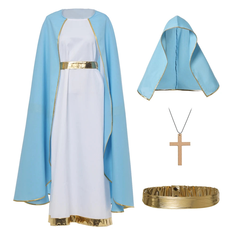 Halo Virgin Mary Costume Halloween Women Nativity Christmas Suit Biblical Costume