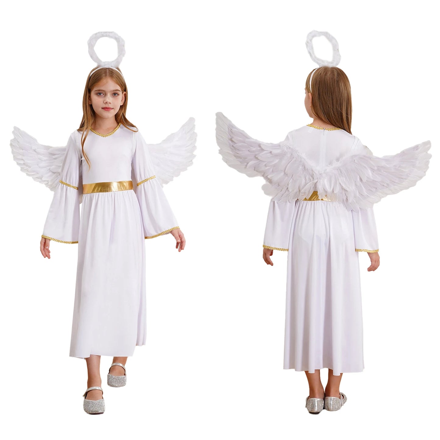 Girls Angel Costume Halloween Greek Goddesses Theme Dress Up Gold Trim Gown Dress Hairband - Black / 12