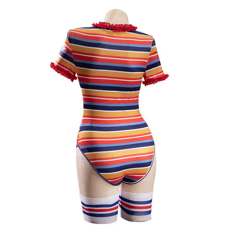 Bride of Chucky Costume Women Sexy Stripes Short Sleeve Bodysuit Skirt Socks Suit - View 5