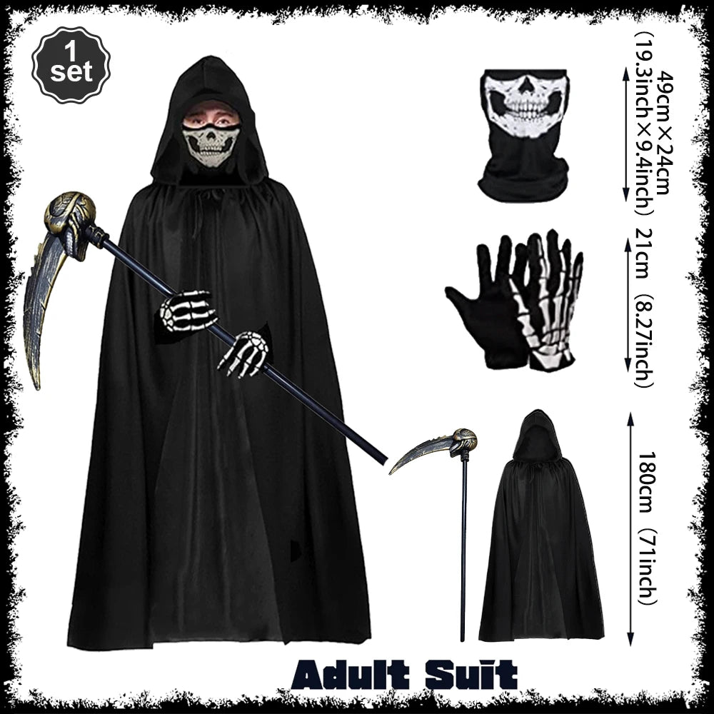 Scary Halloween Grim Reaper Costume Set Scythe Hooded Cape Skull Face Mask Gloves for Kids - View 14