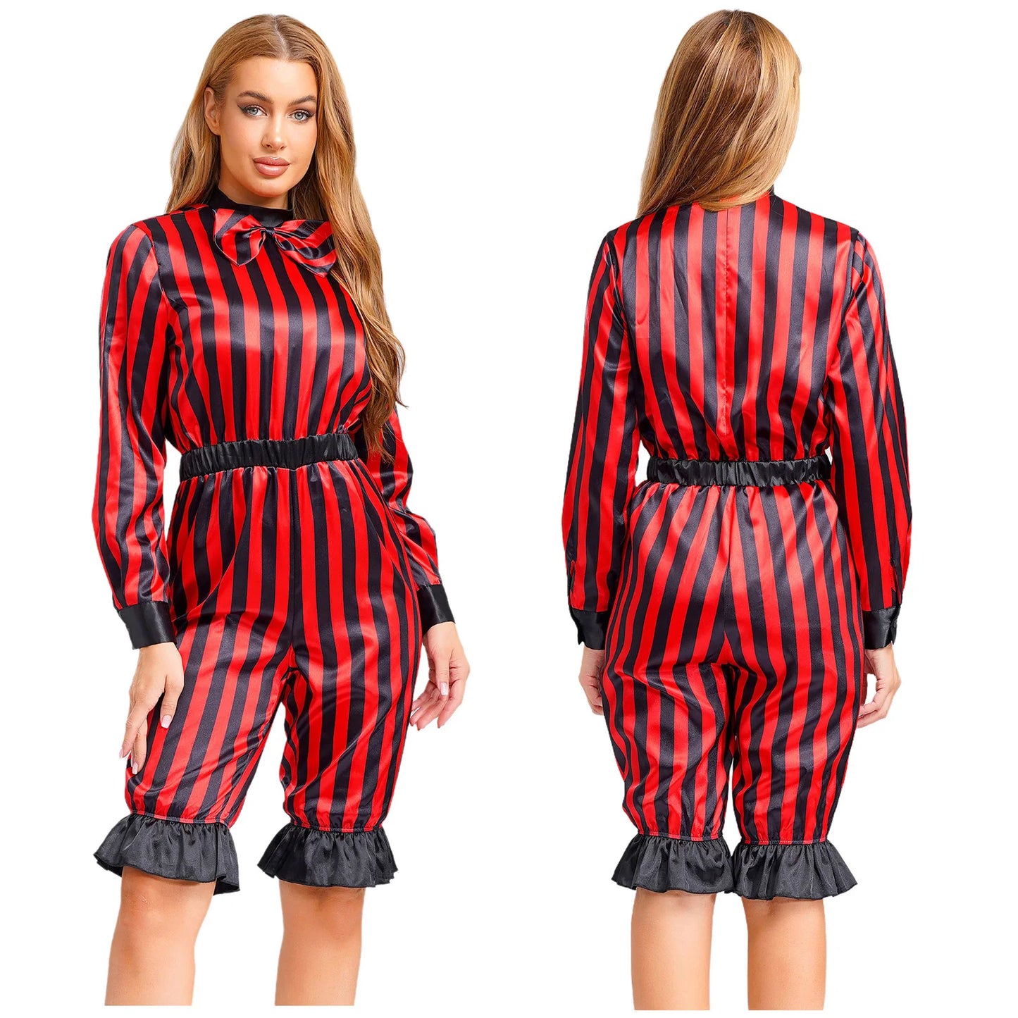 Women's Halloween Wicked Clown Circus Costume Vintage Rompers Bow Sleeve Bloomers Pants - Blue White / XL