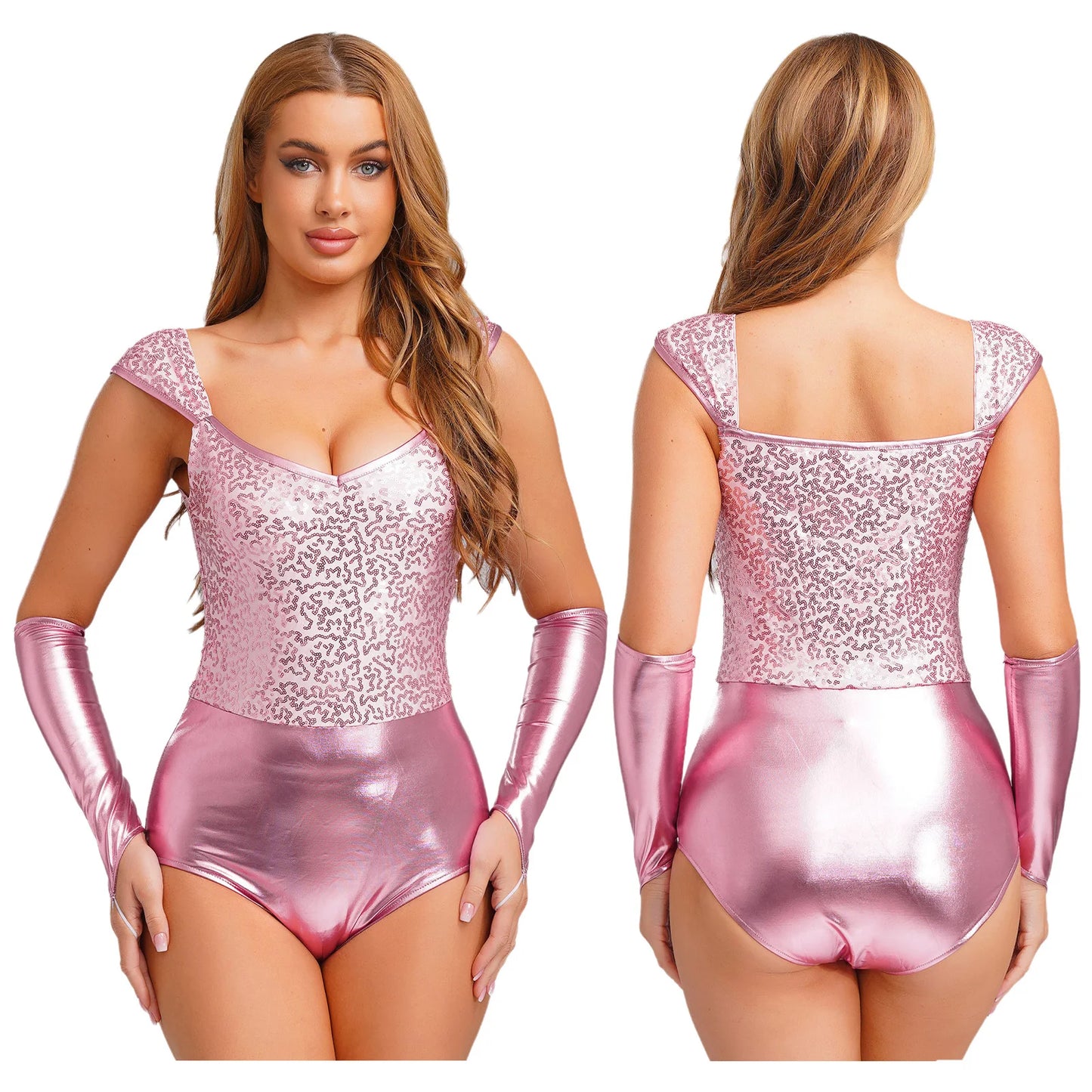 Adult Tin Glittery Sequin Metallic Shiny Bodysuit Removable Sleeves Dance Costume - alternate view 12
