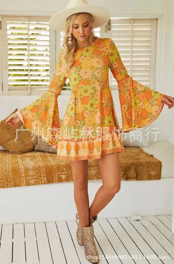 Women's Halloween O Neck Dress Hippie Role-playing Costume Flower Retro Groovy Floral - Discount Halloween City
