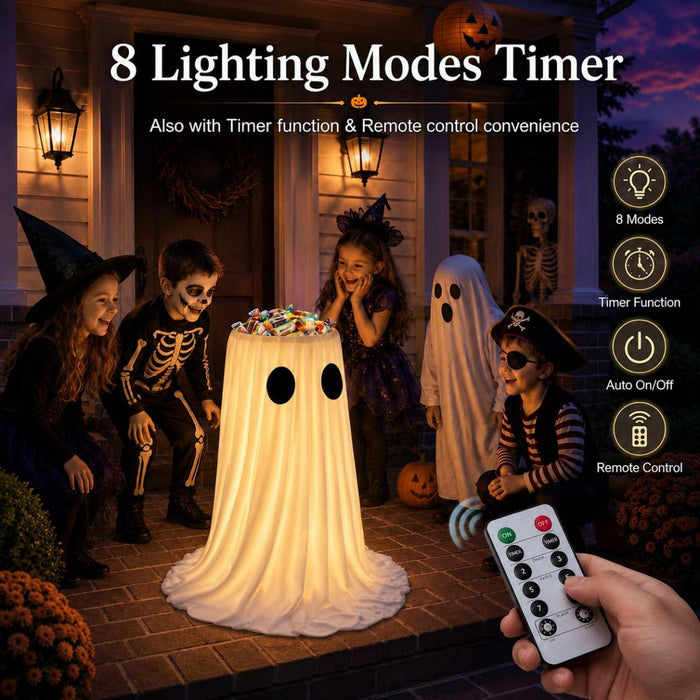 Halloween Decorations Outdoor Indoor, 30IN Lighted Ghost Candy Bowl with Timer Remote & Large Foldable Basin for Trick or Treating, Outside Ghost Decor for Porch Front-Door Yard Lawn Party.