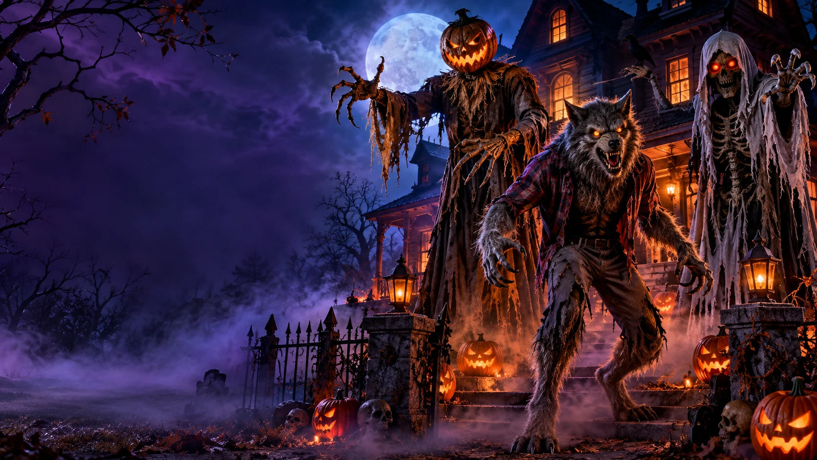 Haunted outdoor Halloween display with skeletons and pumpkins