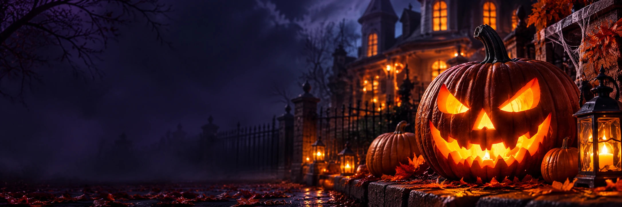 Glowing jack-o-lanterns in a spooky Halloween scene