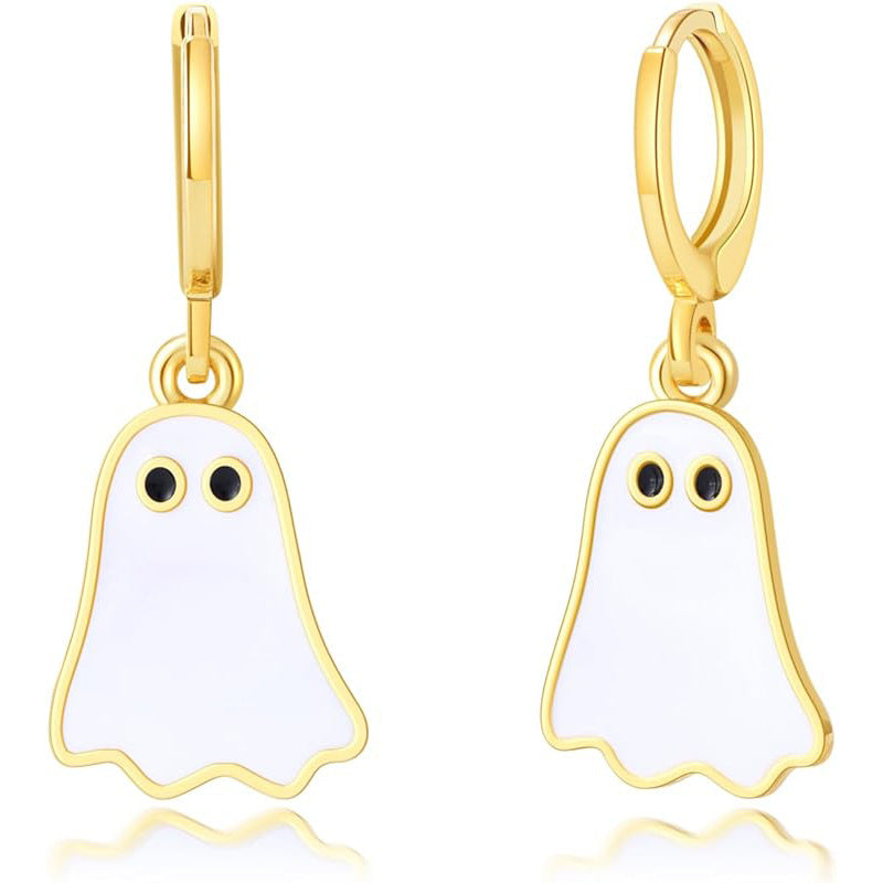 Halloween Ghost Earrings for Women's Gold Ghost Huggie Hoop - Discount Halloween City