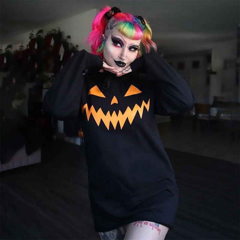 Halloween Costume Pumpkin Print Long Sleeve Hoodie Dress | Indoor Decorations | Costumes - Decorations
