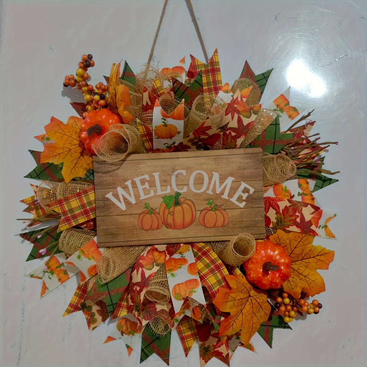NNETM Fall Welcome Fabric Pumpkin Wreath Door Decor