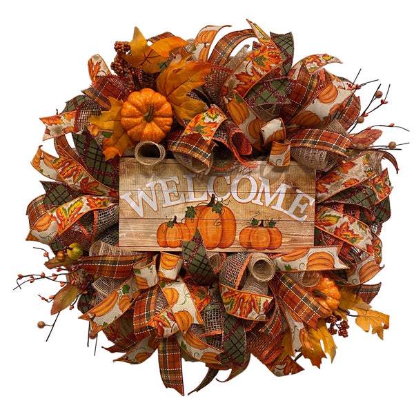 NNETM Fall Welcome Fabric Pumpkin Wreath Door Decor