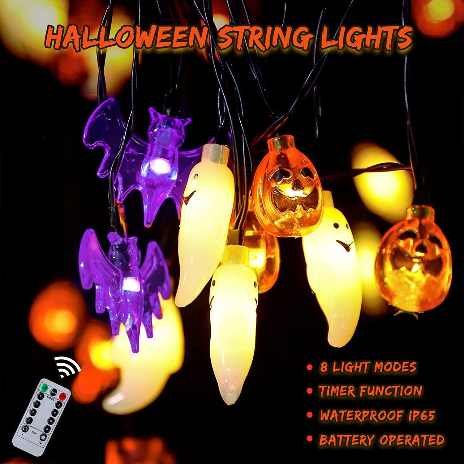 LED Halloween Pumpkin Spider Bat Skull String Light Lamp - Discount Halloween City