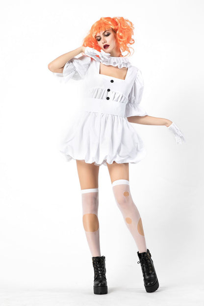 Halloween Ghost Doll Clown Cos Costume White Dress | Wigs | Gloves - Indoor Decorations