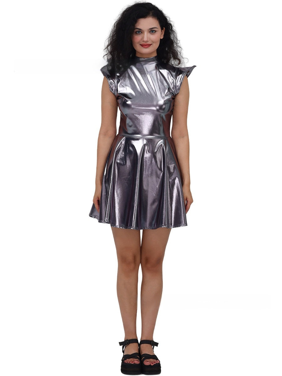 Halloween Costume Bronzing Patent Leather Solid Color Dress - Discount Halloween City