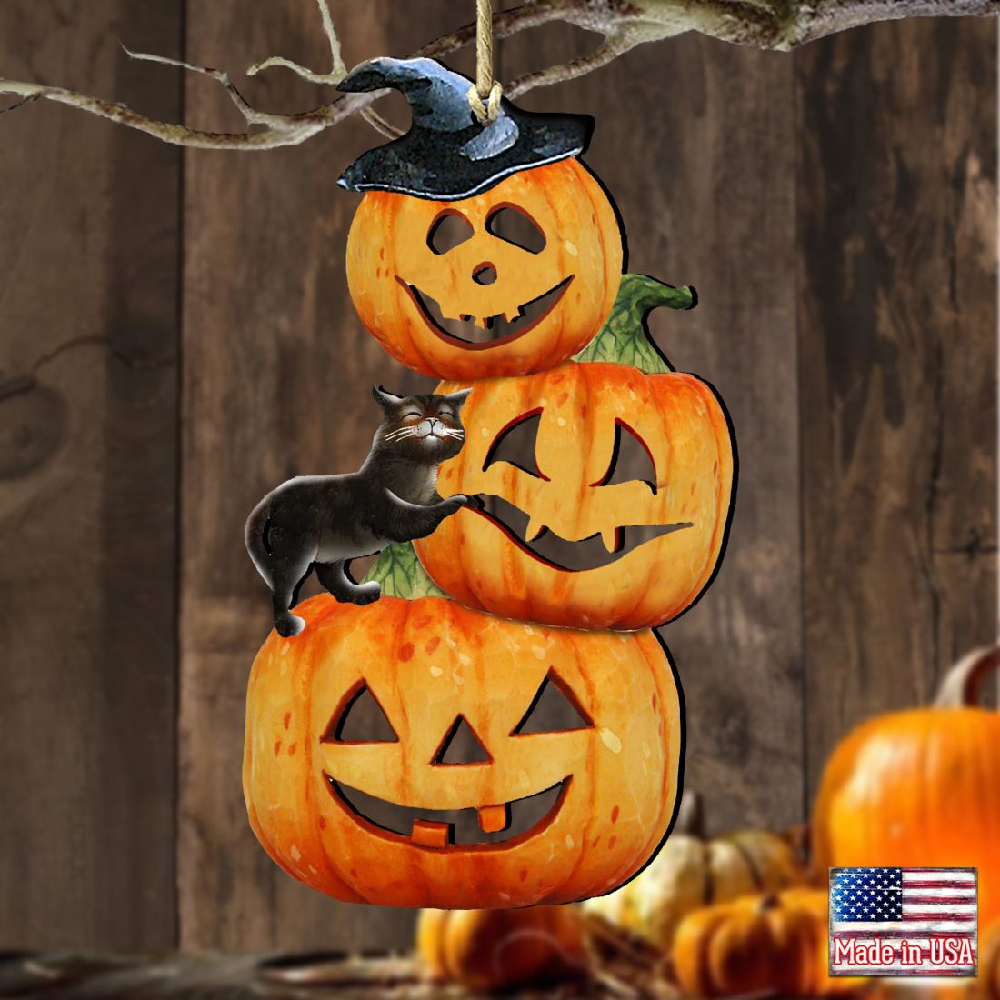 Scary Stacking Pumpkins Wooden Ornaments by G. DeBrekht - Thanksgiving Halloween Decor - 8158415