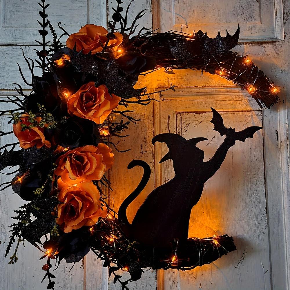 Halloween Witch Cat Moon Wreath Door Decor