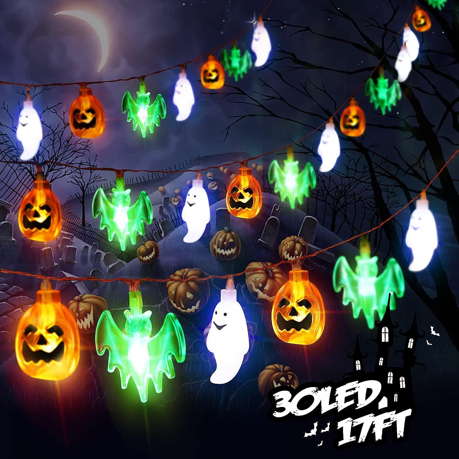 LED Halloween Pumpkin Spider Bat Skull String Light Lamp - Discount Halloween City