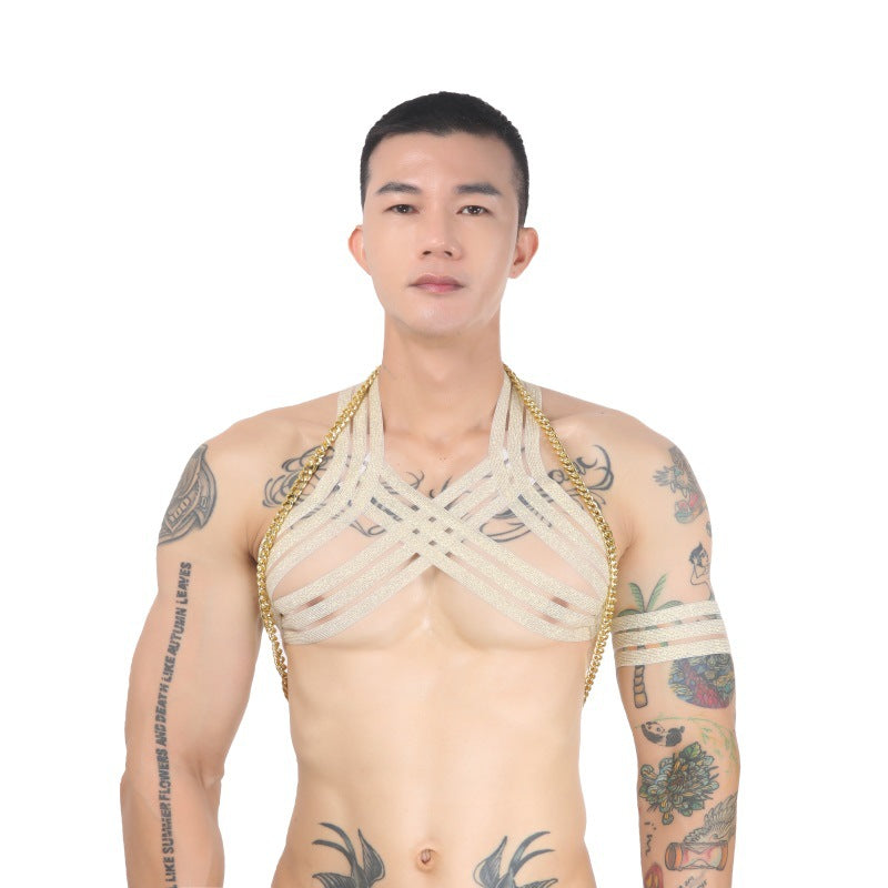 Men Body Chest Metal Chain Harness Elastic Shoulder Strap - Discount Halloween City