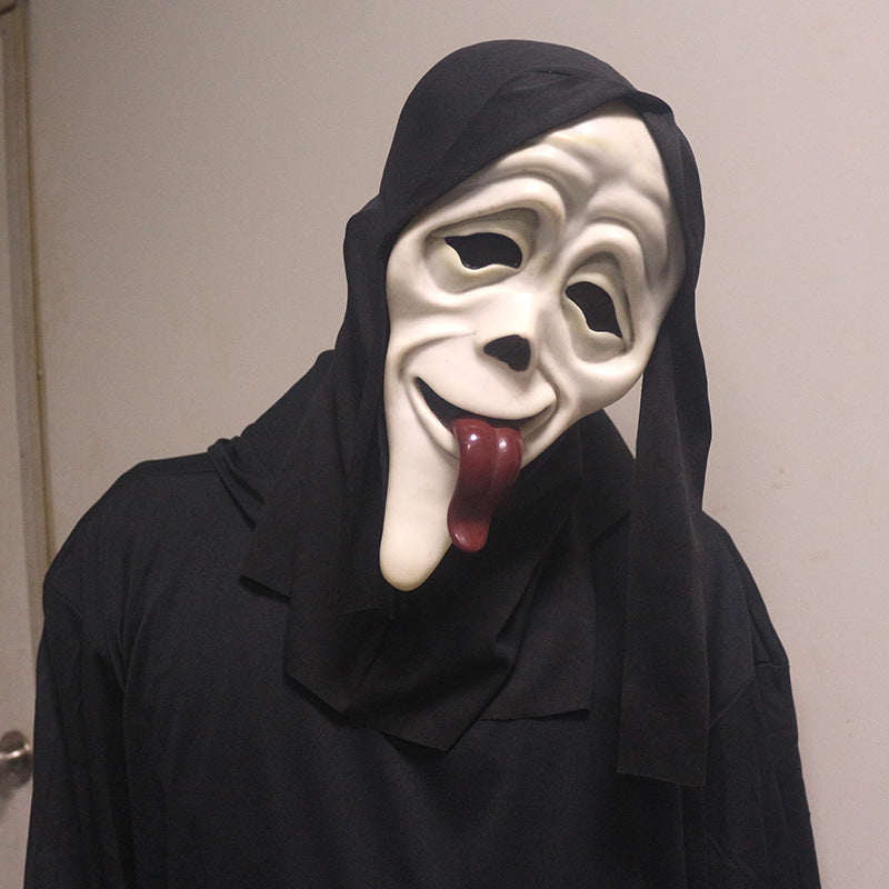Halloween Horror Grimace Mask Red Tongue Black Face - Discount Halloween City