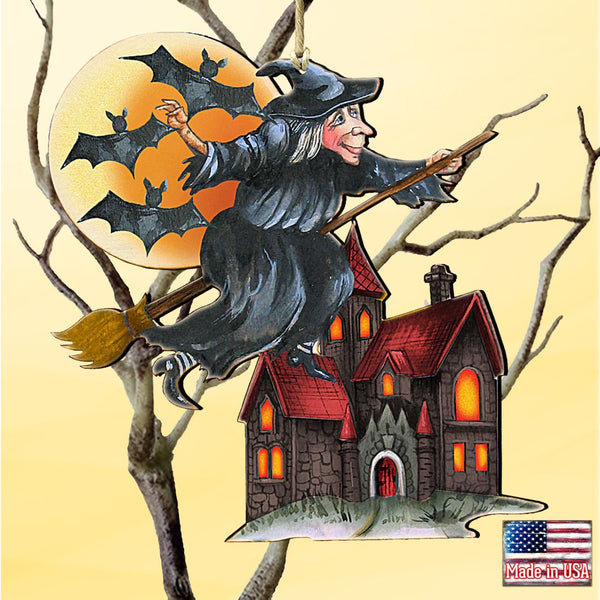 Witch & Moon Halloween Wooden Ornament