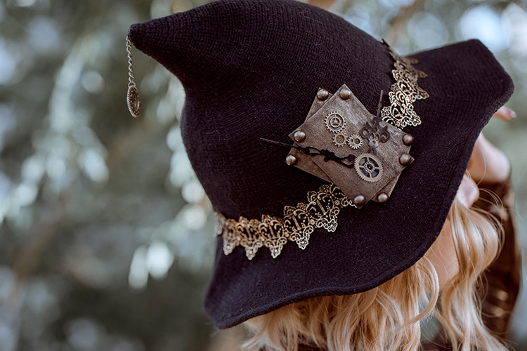 Women's Steampunk Halloween Witch Hat Black Knitted Wool - product image 2