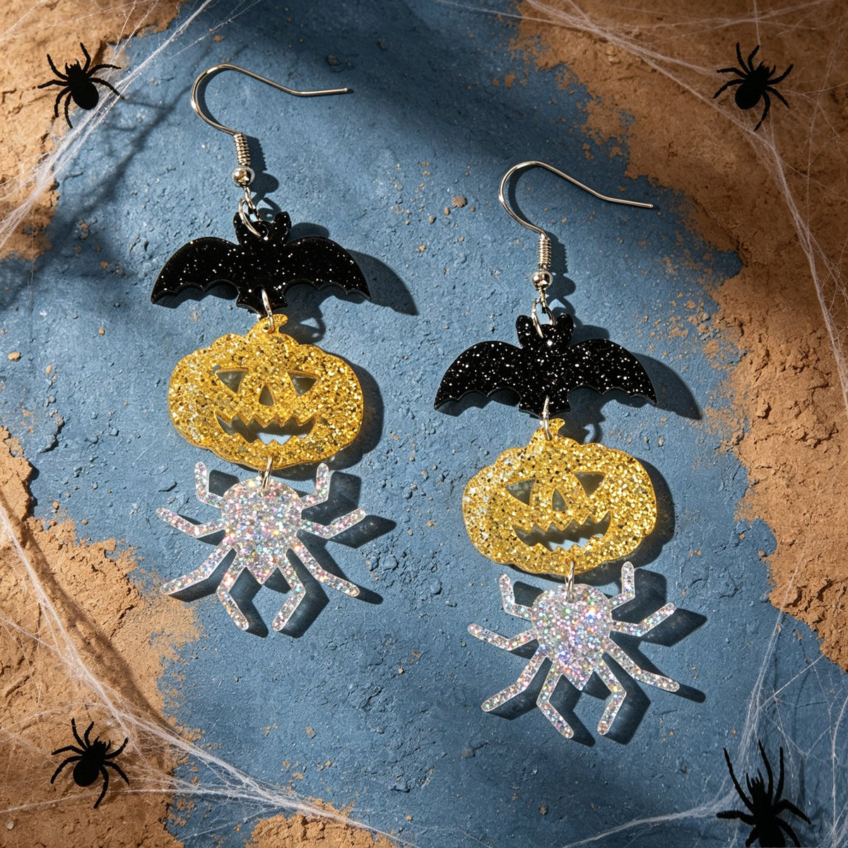 Halloween Glitter Bat Pumpkin Spider Drop Earrings Spooky Holiday Party Jewelry