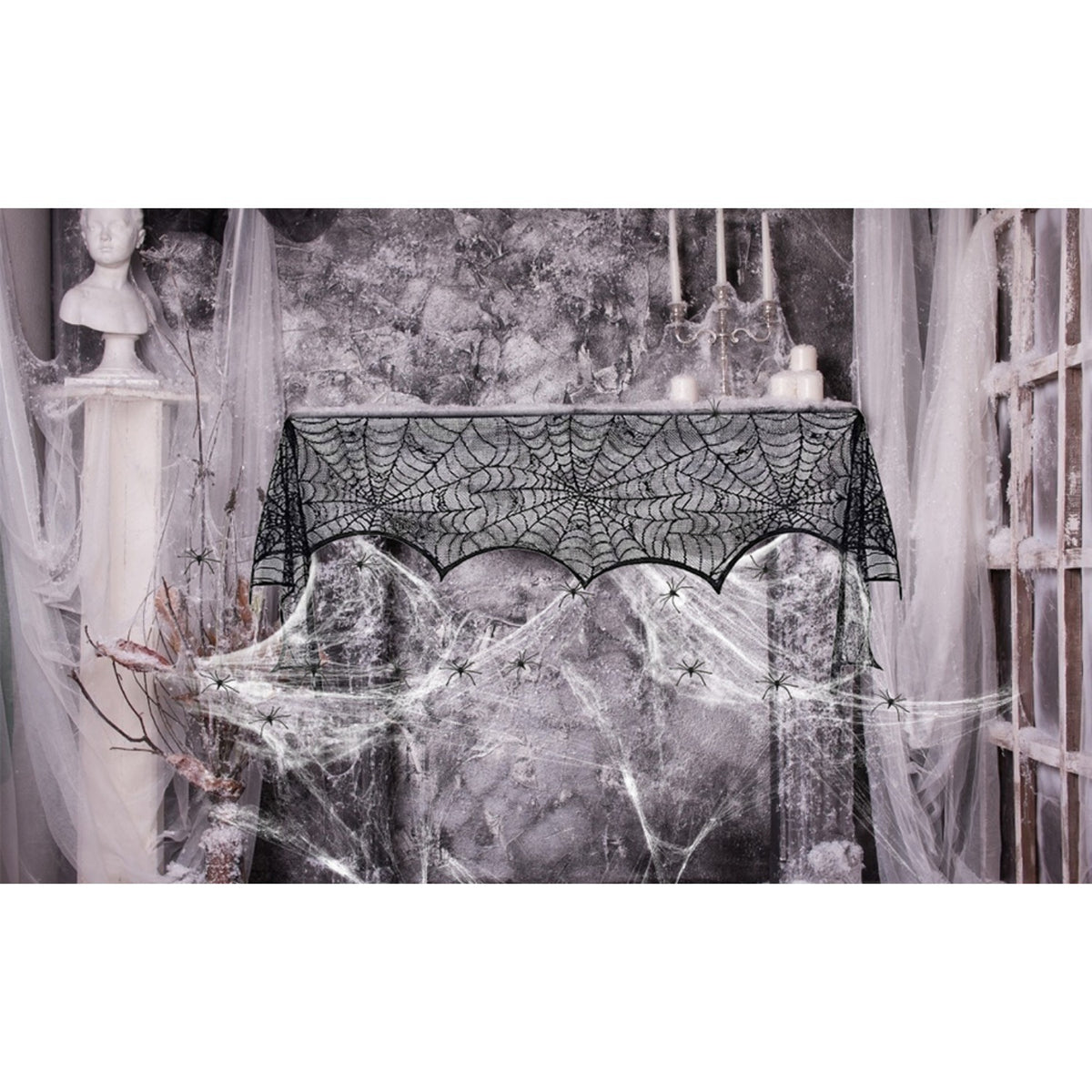 Spider Web Halloween Fireplace Cover with 30 Spiders - product image 4