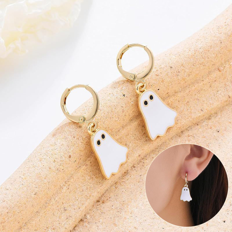 Halloween Ghost Earrings for Women's Gold Ghost Huggie Hoop - Discount Halloween City