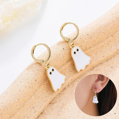 Halloween Ghost Earrings for Women's Gold Ghost Huggie Hoop - Discount Halloween City