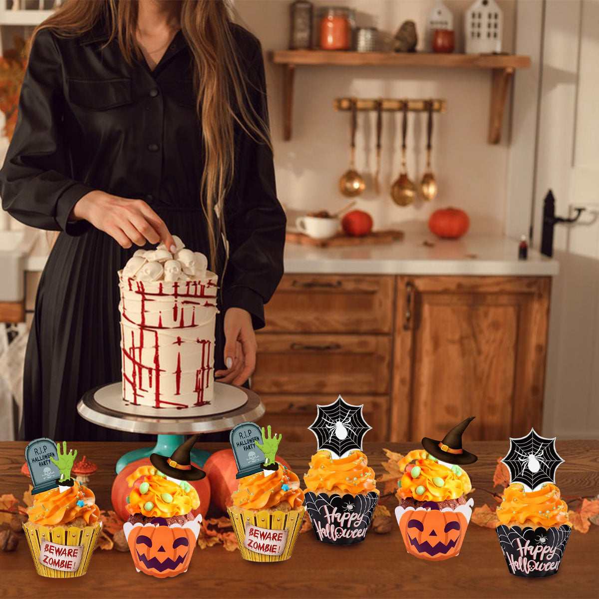 48 Pcs Halloween Cupcake Decoration Set Zombie Hand Witch - Discount Halloween City