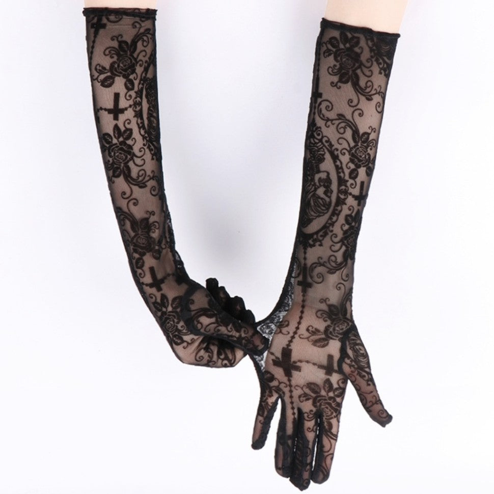 Sexy Lace Long Gloves Dark Skull Halloween Costume - Discount Halloween City
