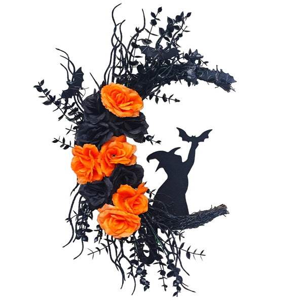 Halloween Witch Cat Moon Wreath Door Decor