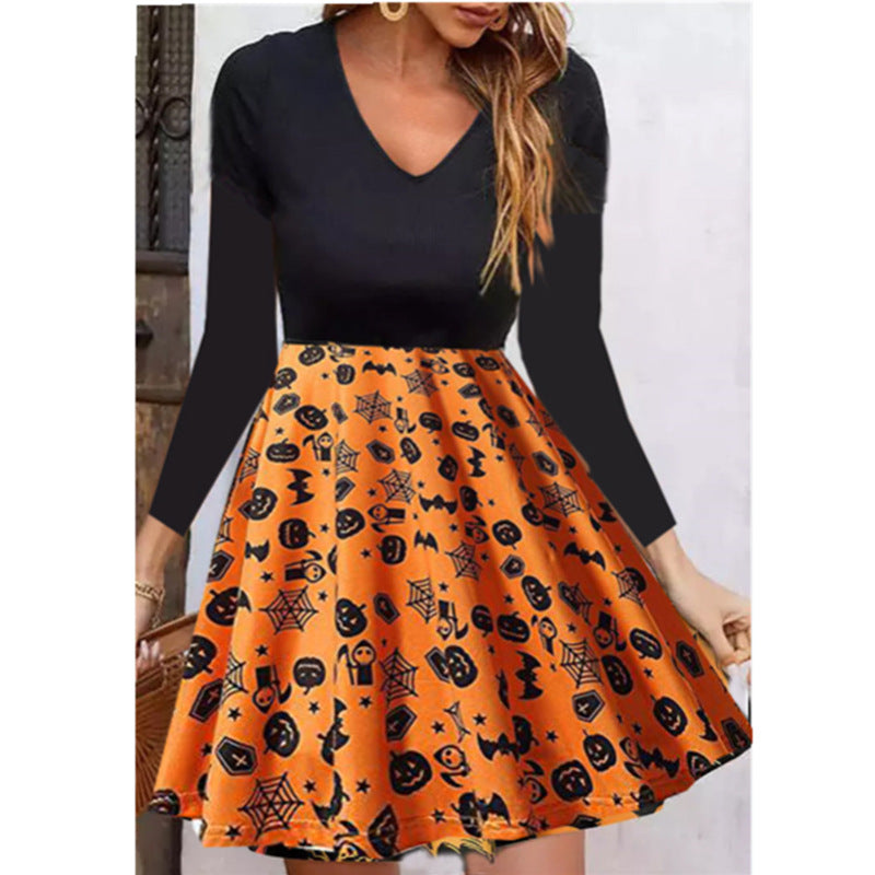 Long Sleeve V-neck Color-block Pumpkin Halloween Costume - Discount Halloween City
