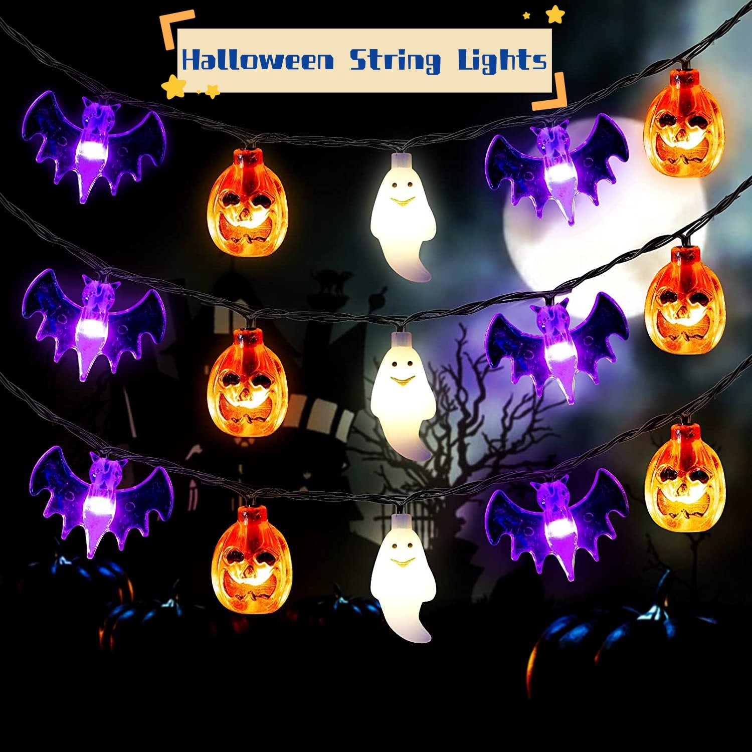 LED Halloween Pumpkin Spider Bat Skull String Light Lamp - Discount Halloween City