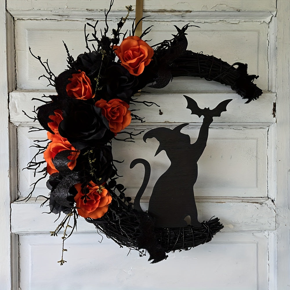 Halloween Witch Cat Moon Wreath Door Decor