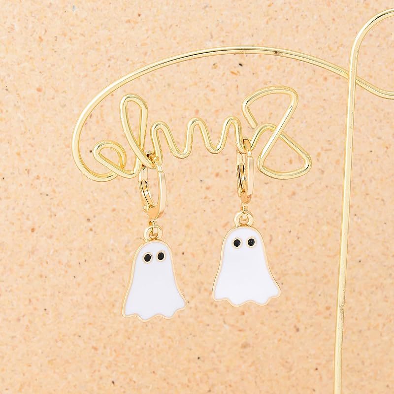 Halloween Ghost Earrings for Women's Gold Ghost Huggie Hoop - Discount Halloween City