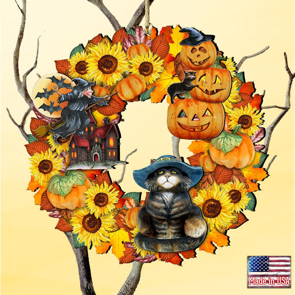 Halloween Cat Wreath Wooden Ornament